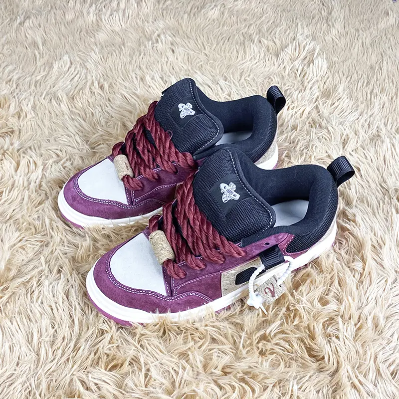 Burgundy White Color Block Suede Mesh Platform Skate Sneakers for Men Women, Thick Twisted Wine Red Rope Laces Decorative Hang Tag Retro Y2K Hip Hop Street Casual Board Shoes, Vintage Contrast Height Boost Walking Footwear