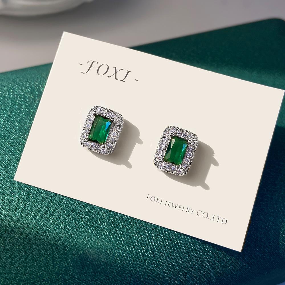 Luxury Golden Green Crystal Stud Earrings for Women, Sparkly Rectangle CZ Halo Earrings, Elegant Gem Look Jewelry, Chic Everyday Party Gift Accessory