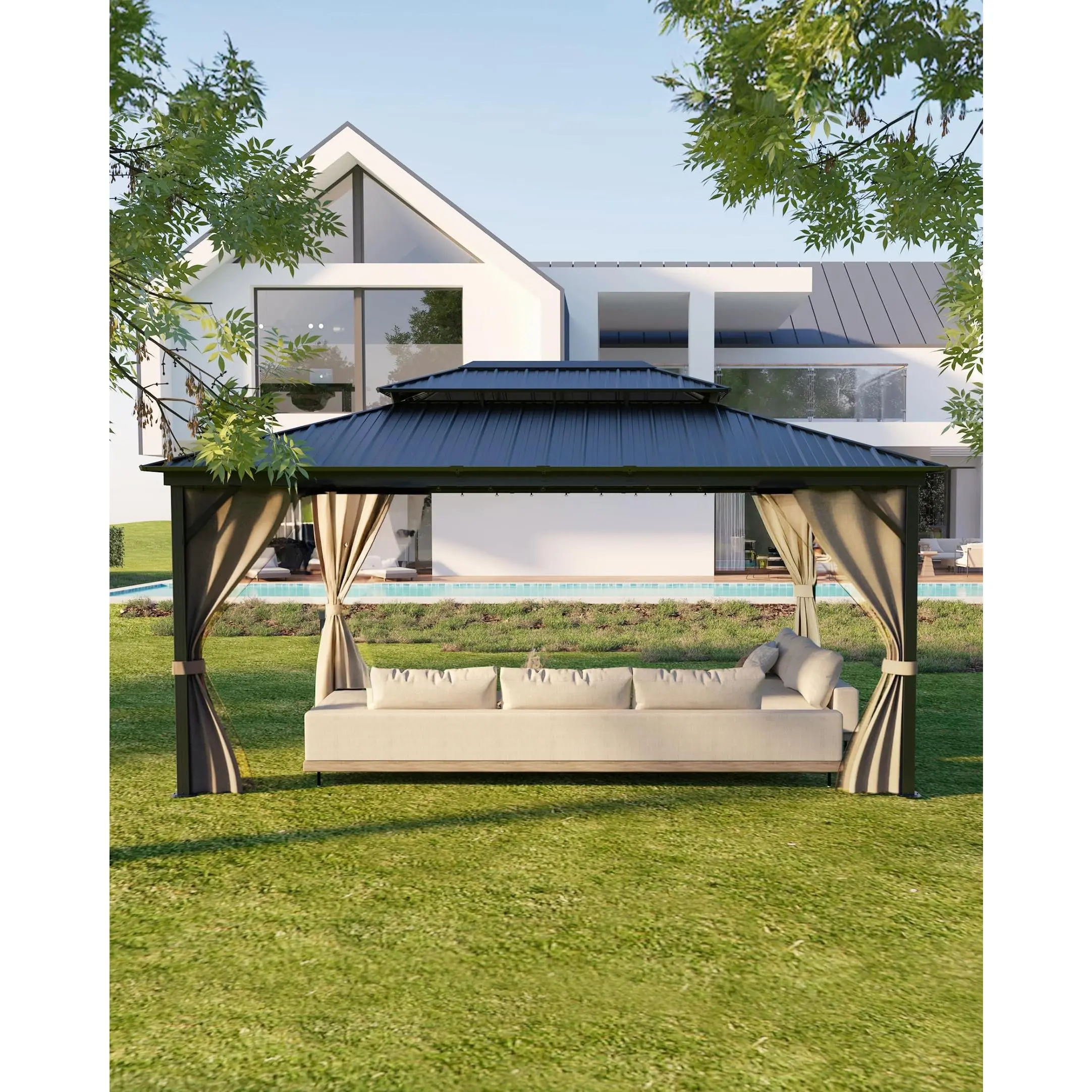 Garvee 12'x16' Hardtop Gazebo for All Weather, with Double Metal Roof, Aluminum Alloy Frame, Net, and Curtain, Permanent Building for Patio, Deck, Backyard, Lawn, and Garden, Khaki