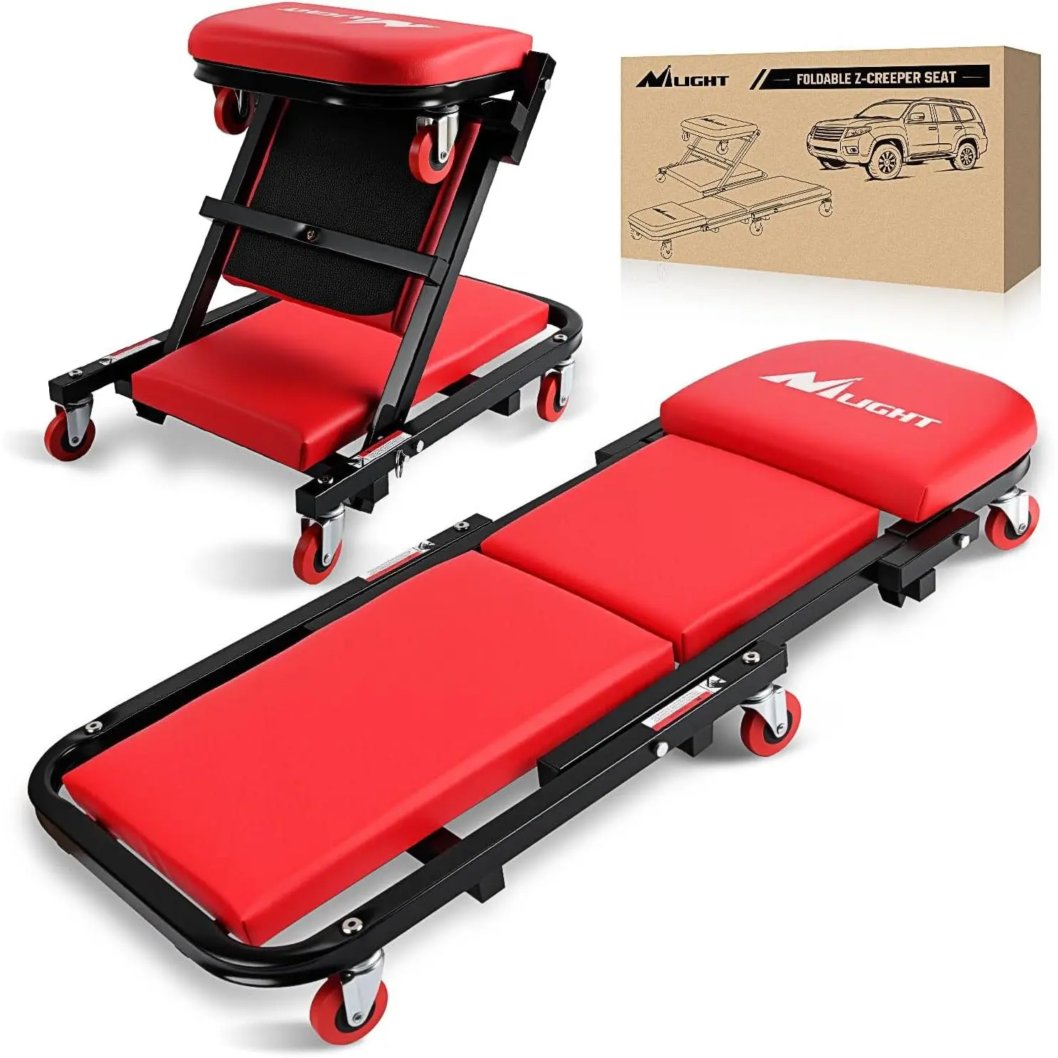 Nilight 40-in Z Creeper 2-in-1 Folding Rolling Mechanic Seat, Adjustable Lay-Down/Sit Garage Chair, 330 lbs Capacity, Red Black Car Repair Tools for Automotive Maintenance, Automotive Maintenance Tools,car accessories