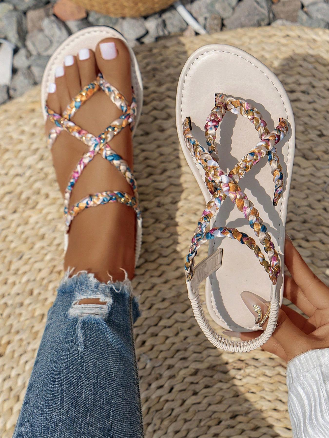 Women's Fashionable Ditsy Floral Pattern Sandals, Casual Comfortable Flat Sandals for Summer, Female All-match Toe Thong Shoes for Daily Wear, Girl