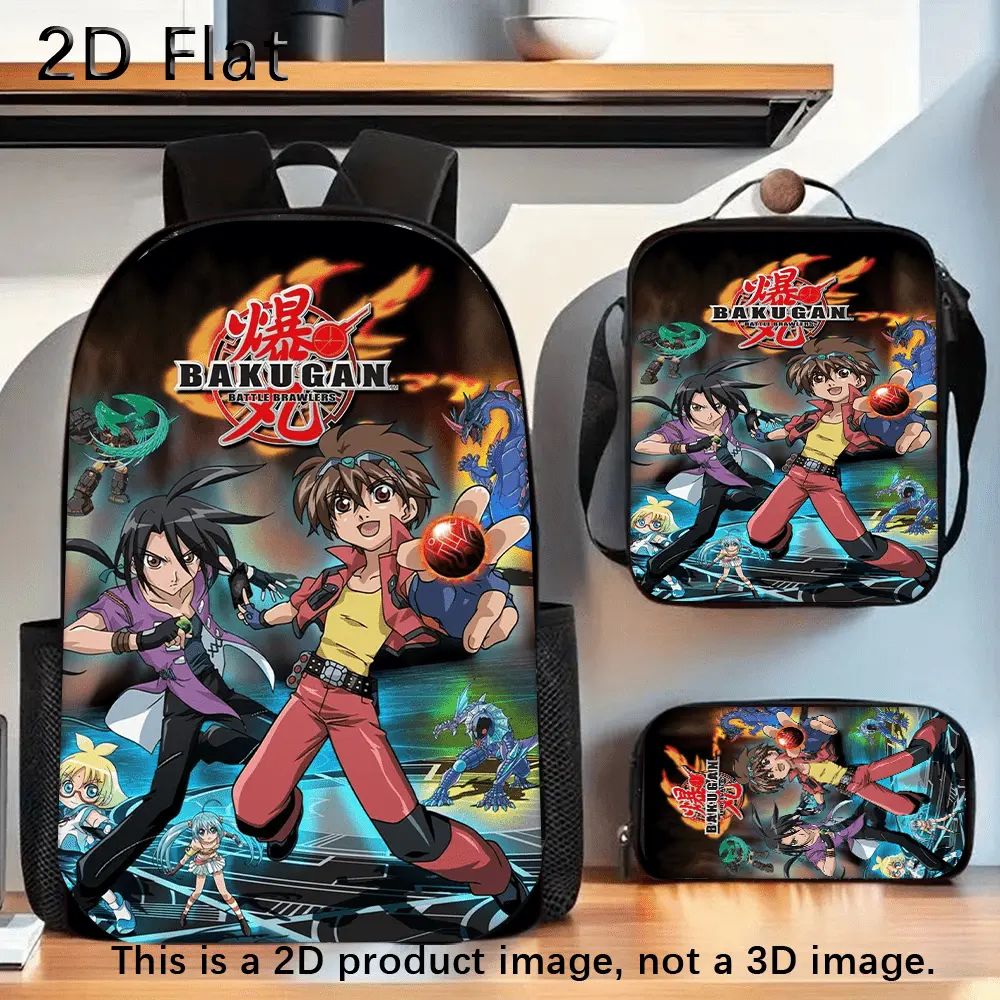 Bakugan Battle Brawlers Anime Manga Character Graphic Backpack Set (3Pcs) – Back to School Haul 2D Flat Print School Bag, Lunch Bag, Pencil Case Combo, 600D Oxford, Lightweight, Padded Straps, Multi-Pocket Daypack for Anime Fans, Anime Backpacks
