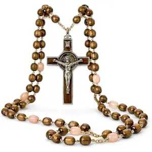 SANCTUM VERITAS Catholic Rosary Necklace |   Large Bead Italian Rosary, Christian Prayer Beads for Car Mirror Decor, First Communion Religious Gift for Men and Women, Catholic Keepsake(Walnut Wood)