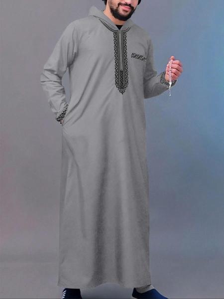 Men's Ethnic Pattern Embroidery Zipper Hooded Robe, Traditional Long Sleeve Pocket Jubba Thobe for Daily Wear, Men's Islamic Clothing for All Seasons, Traditional Arabic Robe