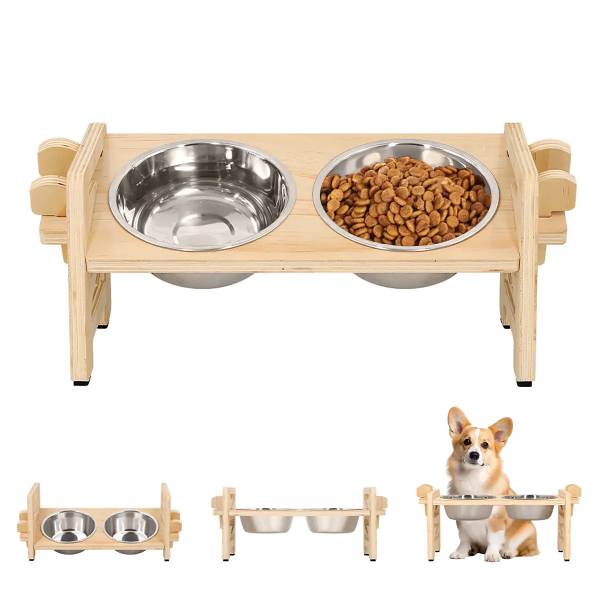 Elevated Dog and Cat Food Bowl, Adjustable Height Puppy Feeding Bowl Stand (6 Levels), 15° Incline, Stainless Steel Bowls, Detachable Design, Easy Clean