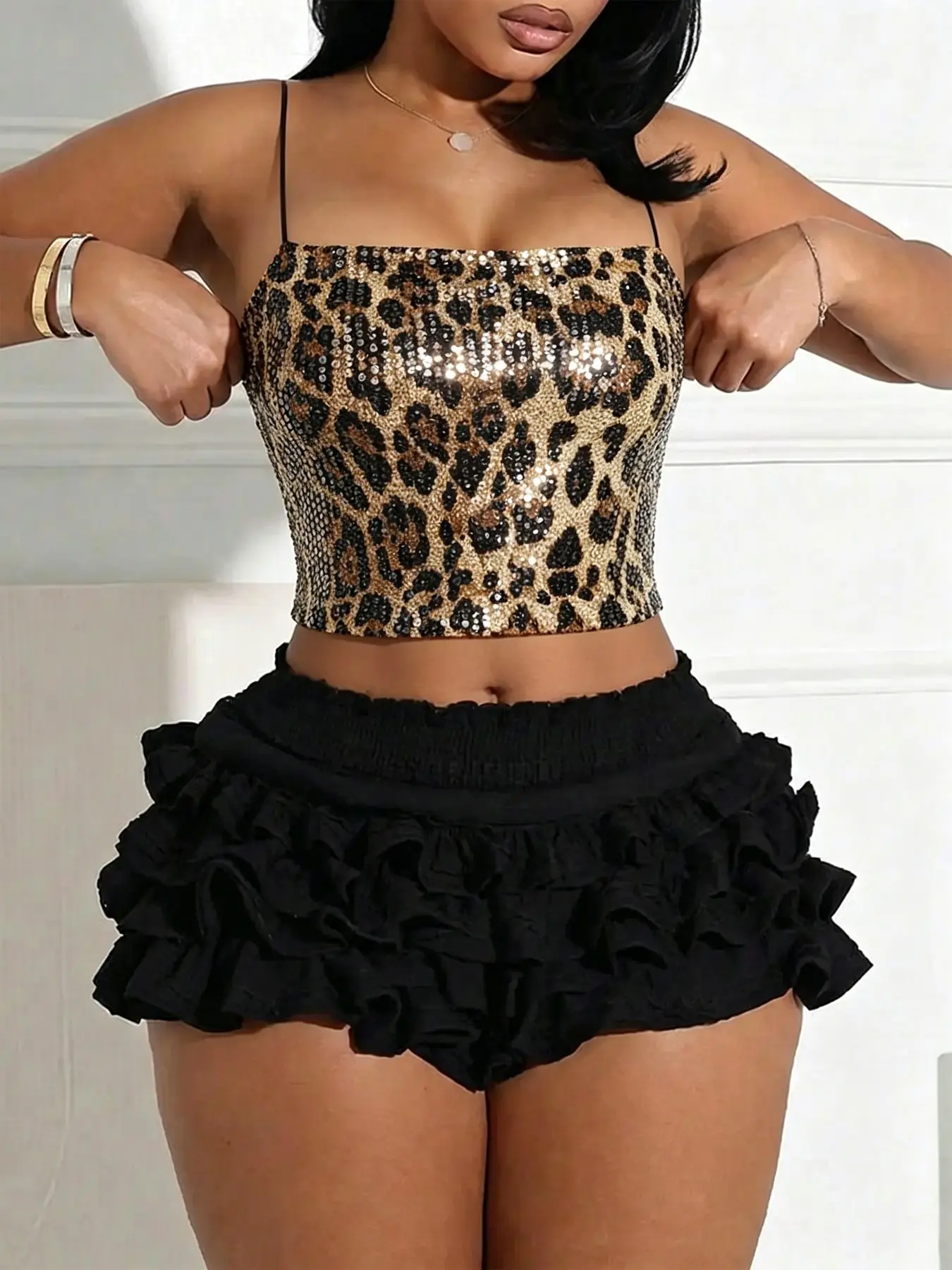 Women's Sexy Leopard Print Sequin Camisole Tank Top, Sleeveless, Spaghetti Strap, Y2K Style, Perfect for Music Festivals and Night Out, Summer Fashion Party Wear