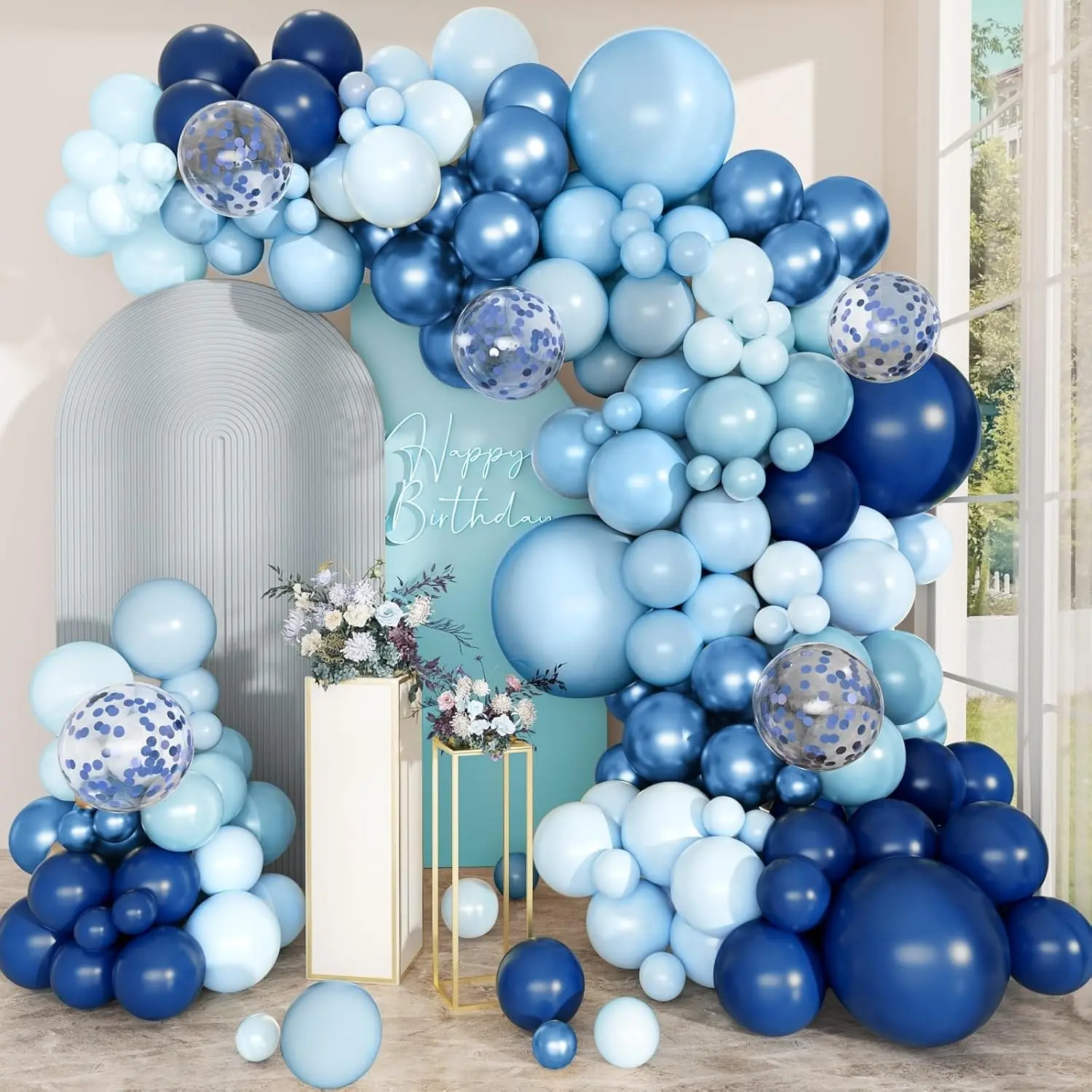 Blue Balloon Arch Kit, 168 Pcs Navy Blue Balloon Garland, 18 12 10 Inch Confetti Latex Metallic Chrome Balloons for Birthday Party Shower Ocean Anniversary Decorations
