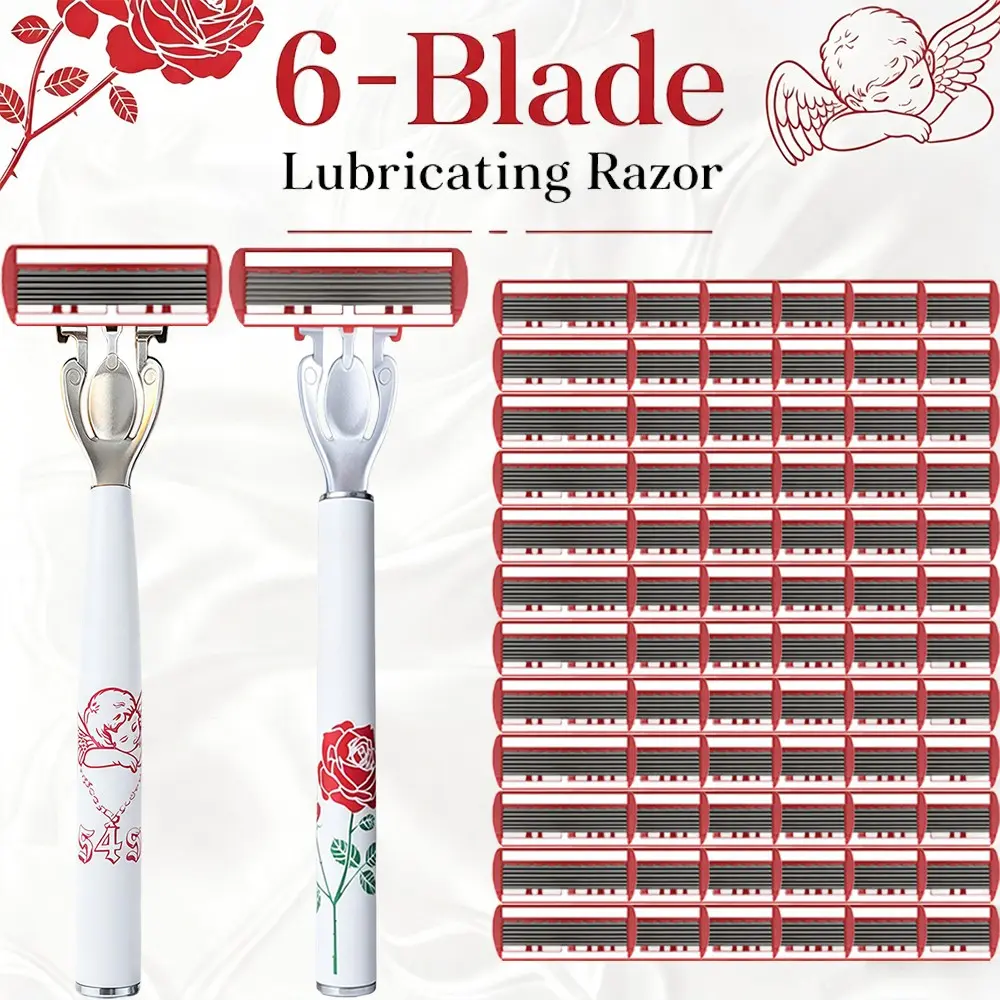 [2 Packs, 72 Blades] 6-Layer Lubricated Manual Razor Set | White Base with Red Angel & Rose Pattern Dual-Color Handle | Perfect for Bathroom & Travel | Smooth on Skin, No Irritation | Women's Replacement Blade Set for Multiple Uses