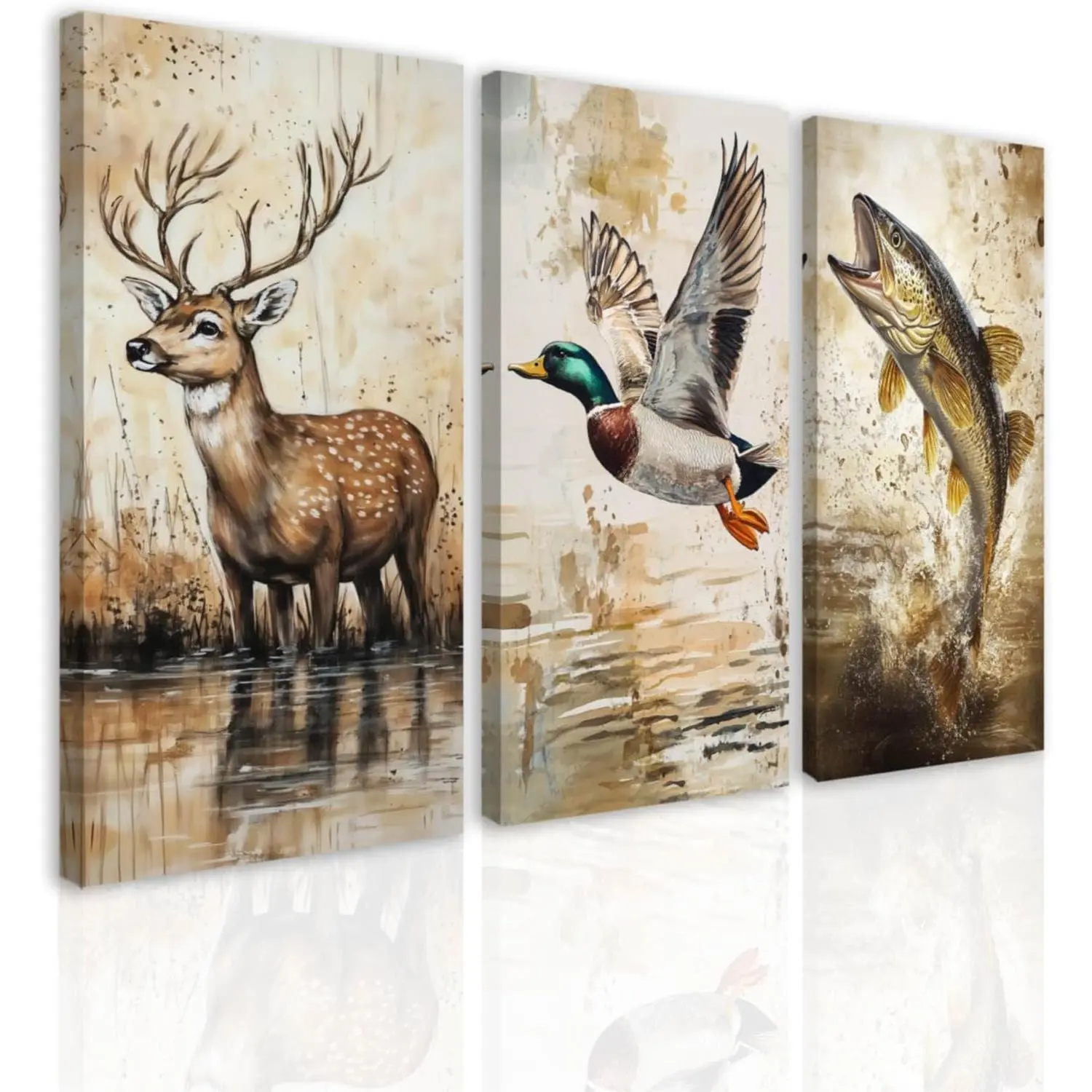 SWQYLB Framed Vintage Hunting Animal Wall Art - 3 Pcs (8"x16"x3) Lightweight Deer, Duck, Fish Wildlife Canvas Prints, Hanging Rustic Home Decor for Cabin Man Cave