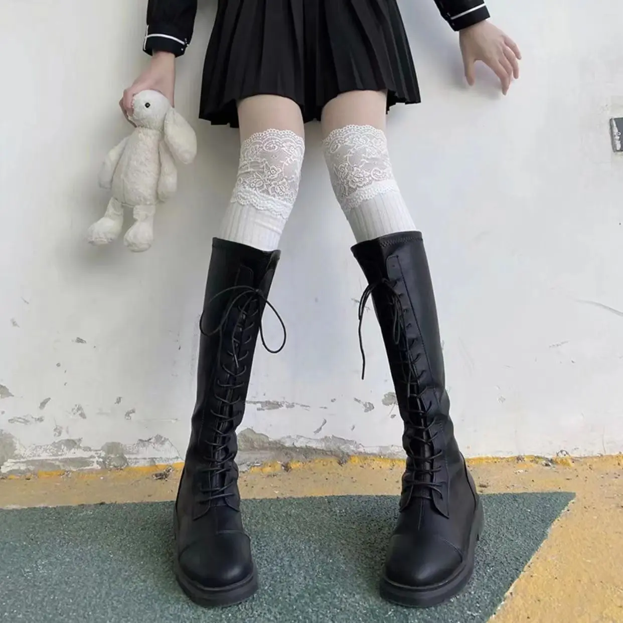 Women’s 3-Pcs Lace Thigh High Socks - Over-Knee Long Length, Lace Detail, Kawaii Look for Boots, Bag Charm Accessory