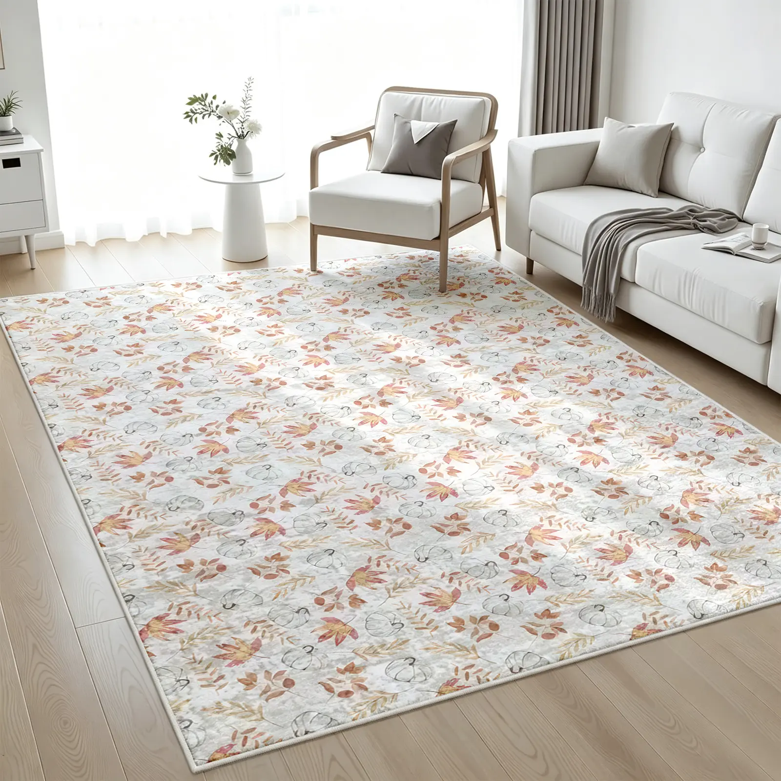 Neutral Pumpkin and Fall Leaf Area Rug, Low-Pile Plush Non-Slip Machine Washable Carpet with Sturdy Edges, Seasonal Harvest Room Decor for Living Room Bedroom Dining Room Office, Perfect Housewarming & Home Decor Gift