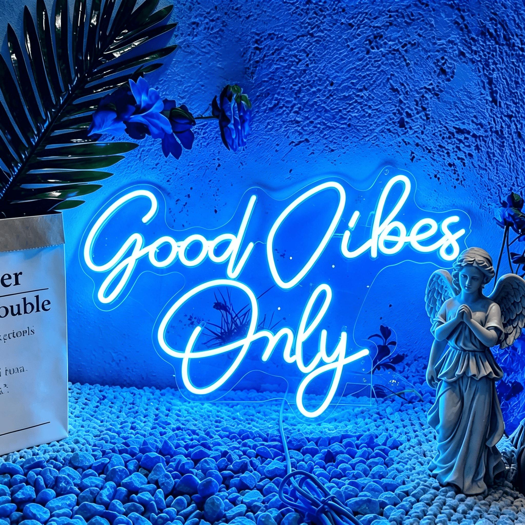 Good Vibes Only Neon Sign, USB Powered Dimmable Ice Blue Cyan LED Neon Light, Aesthetic Positive Quote Wall Decor for Bedroom Gaming Room Man Cave Home Bar, Motivational Gift for Her Teens Gamers