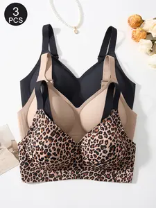 2/3/4 Pack Jelly Bra Set, Seamless Wire-Free Design, Leopard Print Pattern, Medium Support, Slim Fit, Lined Innerwear for Women, Style