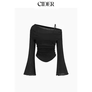 Cider Asymmetrical Neck Ruched Lettuce Trim Tee Dealsforyou