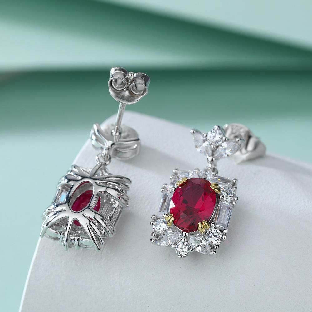 A set of 3 pieces of 925 sterling silver jewelry with large artificial rubies: fashionable ruby pendant necklace, zircon earrings, and high-carbon diamond ring.Suitable for holiday, ball, and party wear.A gift for couples and Mother's Day