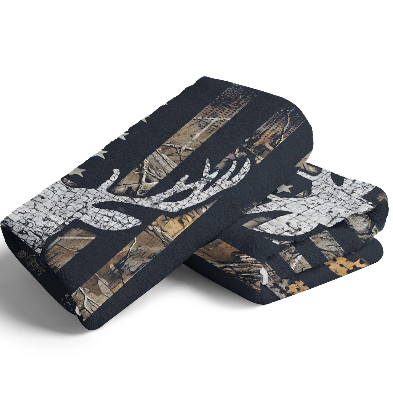 Flag & Deer Head Pattern Flannel Cozy Blanket, 1 Count Soft Comfortable Warm Throw, Soft Comfy Blanket, Cool Bedroom Bedding Blankets Decorative Giftable Blankets for Home Office Travel Camping