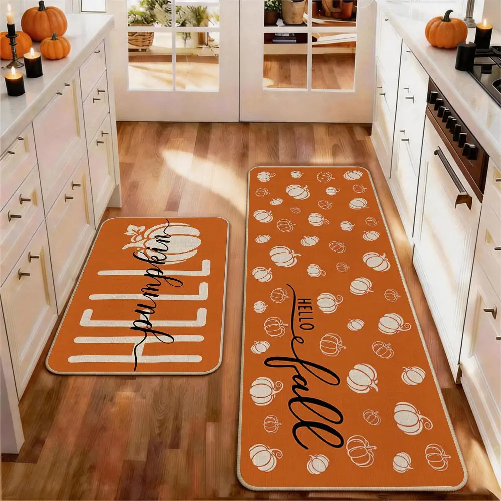 2pcs Thanksgiving Fall Kitchen Mat Gug Set with Pumpkin Maple leaves Pattern, Non-Slip Soft Low Profile,Floor Mat Set Farmhouse Kitchen Rug Dining Room Flooring Laundry Room Decor Carpet Mat, Decorative Rug Mat