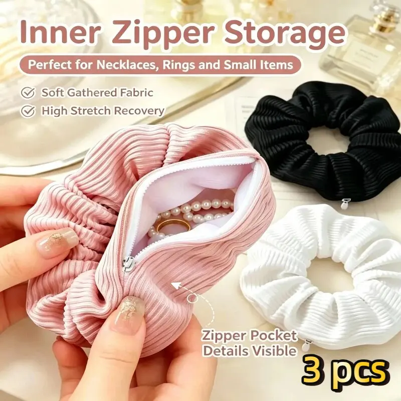 3Pcs Zipper Storage Pouch Scrunchie, Hidden Pocket Hair Tie, Morandi Color Fabric Hair Scrunchie, Portable Small Jewelry Storage Bag for Rings Earrings Necklaces, Small Items, Multifunctional Elastic Hair Band for Women Daily Use