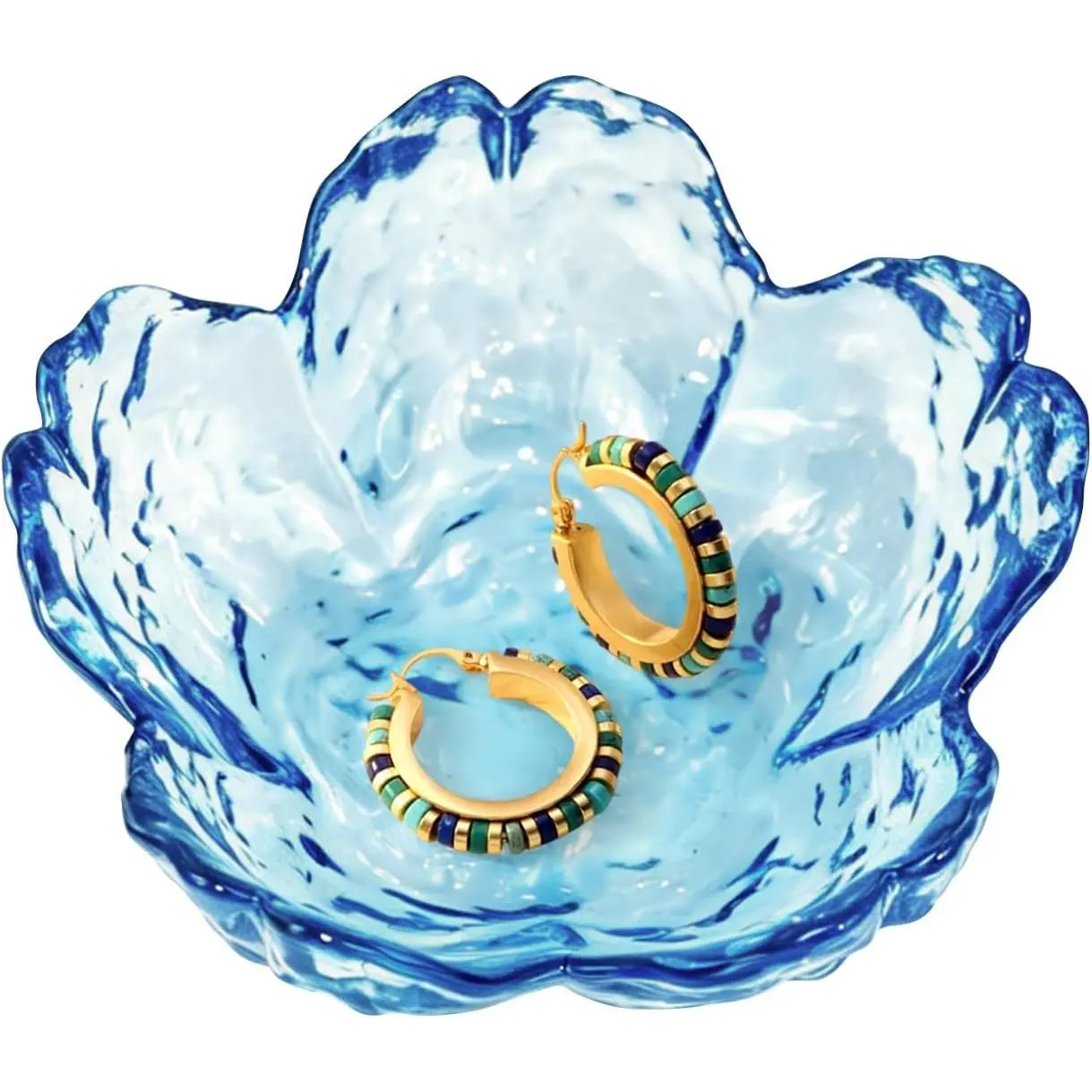 Glass Ring Holder Dish, Flower  Trinket Tray, Blue | Decorative Ring Dish for Rings, Earrings, Necklaces and , Cute  Organizer for Bathroom, Dresser and Nightstand