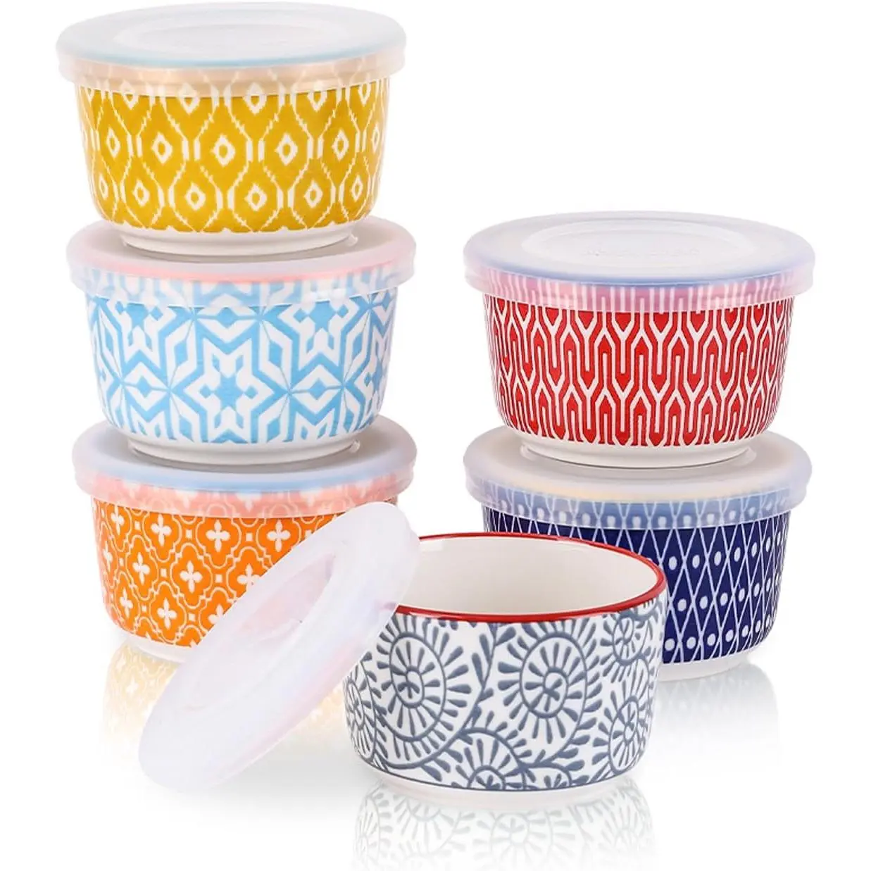 Ramekins with  4 oz Oven Safe, Creme Brulee Ramekins Souffle Dishes with Covers, Stackable Ceramic Mini Ramekin Bowls Set for Dipping, Custard, Pudding, Baking, Set of 6,  Colors