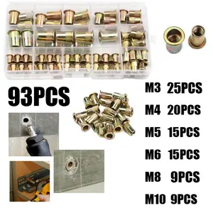 93pcs Zinc Plated Rivet Nuts, M3-M10 Size, Flat Head Knurled Rivet Caps, Vertical Groove Design, Durable Fasteners for Various Applications