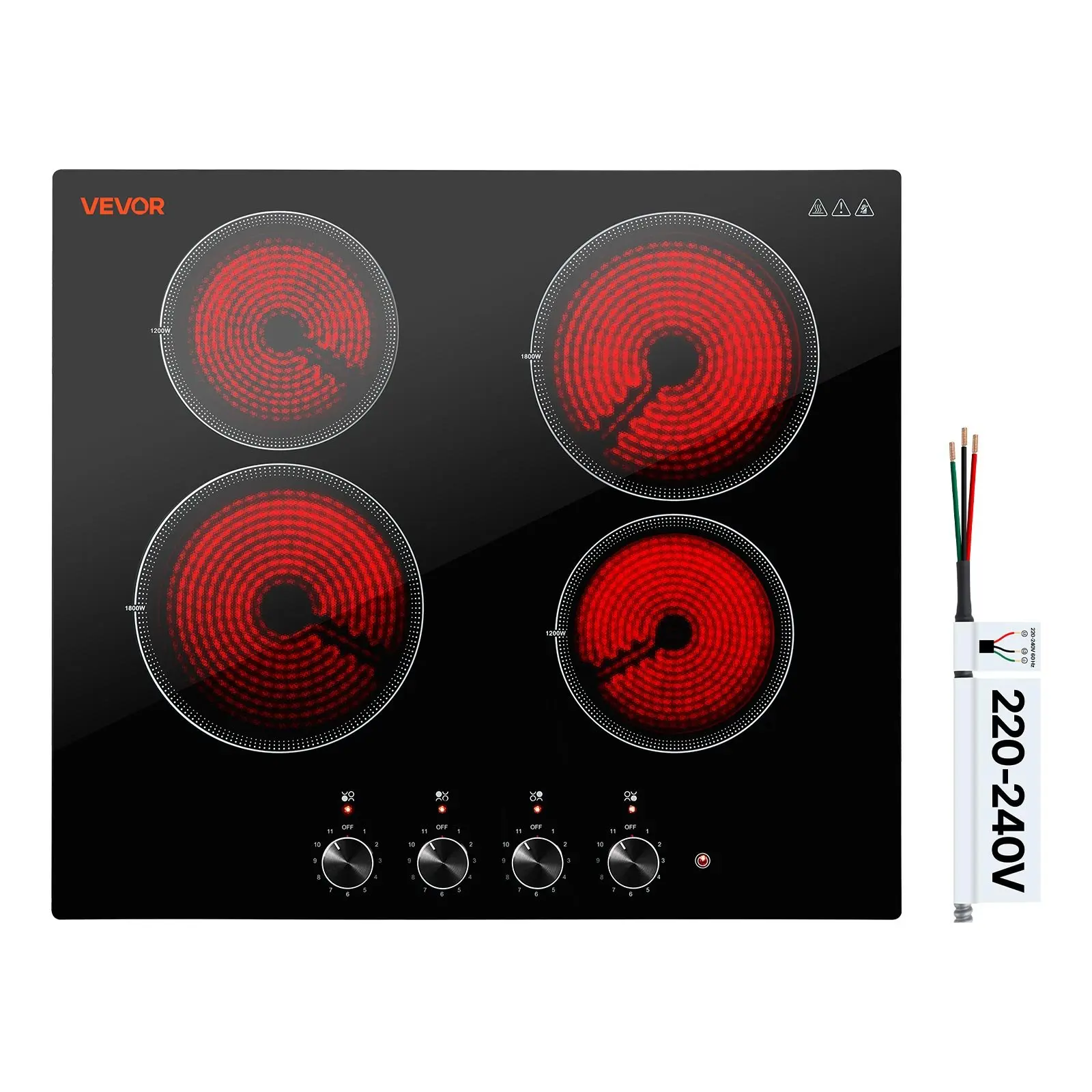 VEVOR Electric Cooktop 24inch 4 Burners Stove Top 6000W 220V No Plug, Ceramic Built-in Radiant Electric Stove, with 11 Power Levels, Over-Heat Guard, Knob Control, for Diverse Cooking Requirements