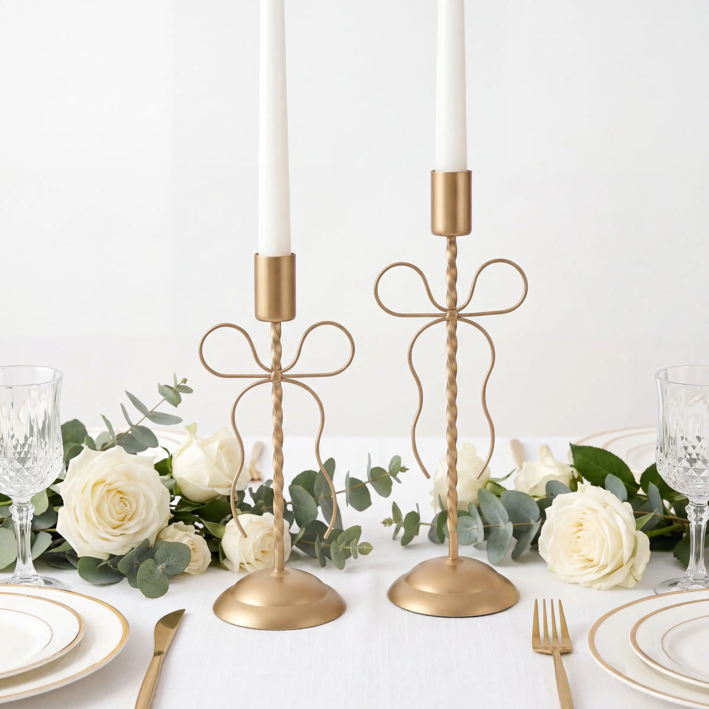 Set of 2 Bow Taper Candle Holders, Romantic Metal Iron Candlesticks, Decorative Table Centerpieces for Weddings, Parties, Holidays, Home Decor