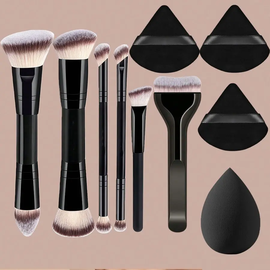 10-Piece Makeup Brush Set, Makeup Brushes Kit, Includes Triangle Sponge and Beauty Sponge, Dual-Head Foundation Concealer Blush Eyeshadow Brush, Soft Fluffy Cosmetic Tool