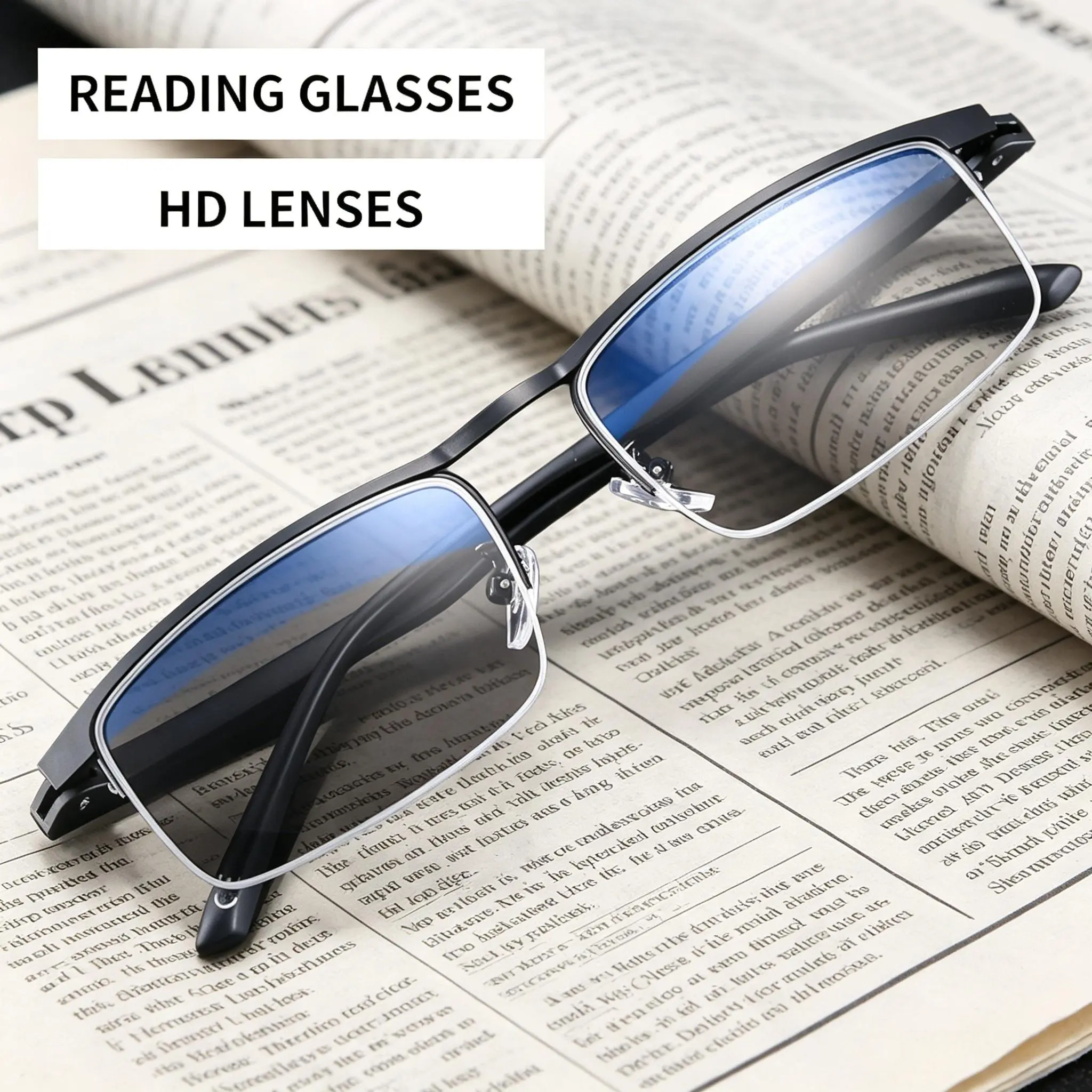Progressive Multifocal Reading Glasses, Lightweight Square Semi-Rimless Metal Frame for Presbyopia, Blue Light Blocking Lenses for Computer Use and Daily Wear, Eye Strain Relief +1.00 to +4.00, +100D To +400D