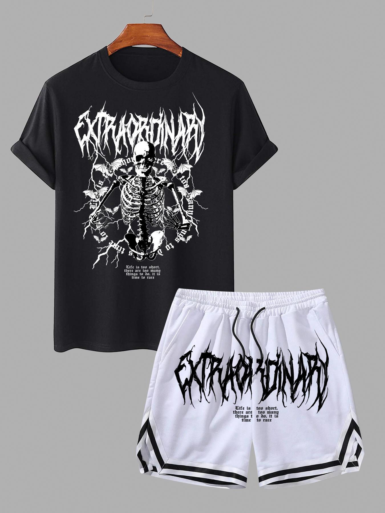 Two Counts Men's Graphic Drawstring Waist Design Two-piece Set, Casual Streetwear Regular Fit Short Sleeve Round Neck T-shirt & Pocket Shorts, Summer Outfits, Men's Clothes for Daily Wear, Clothing