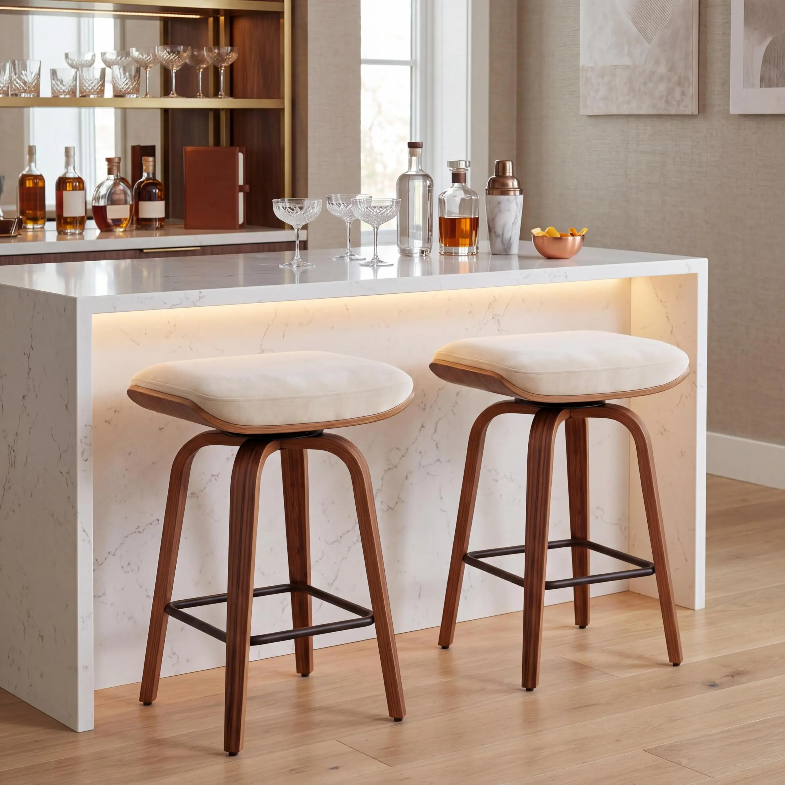 Swivel Bar Stools Set of 2, 26 Inch Counter Height Bar Stools with Upholstered Saddle Seat, 360° Swivel Backless Counter Stools, Modern Bentwood Kitchen Island Stools with Footrest, Natural/Walnut/Black