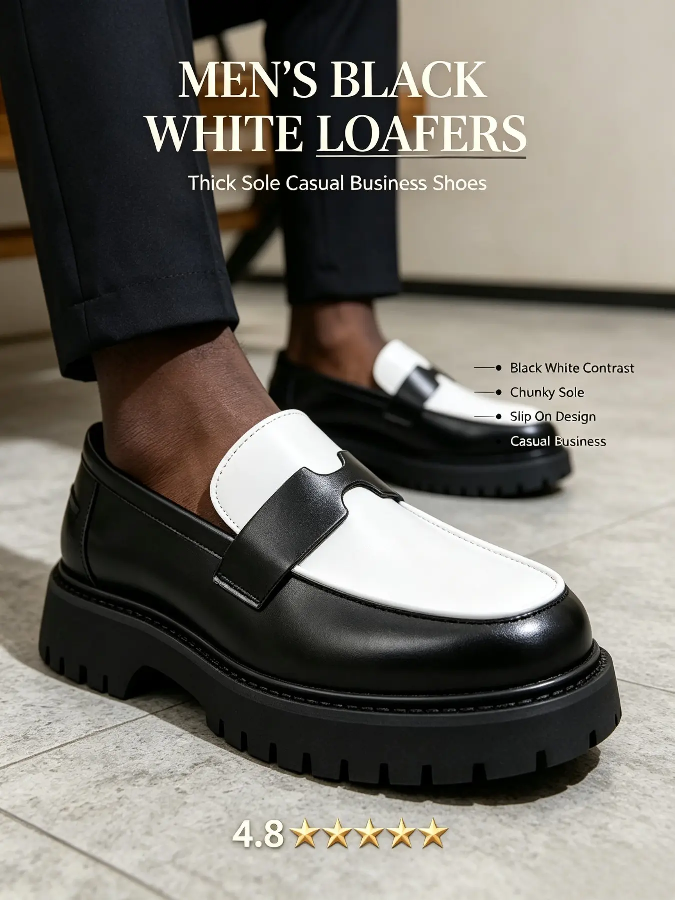 Men's Colorblock Thick Sole Loafers, British Style Slip-On Leather Shoes, Anti-Slip Chunky Heel, Casual Business Shoes Footwear