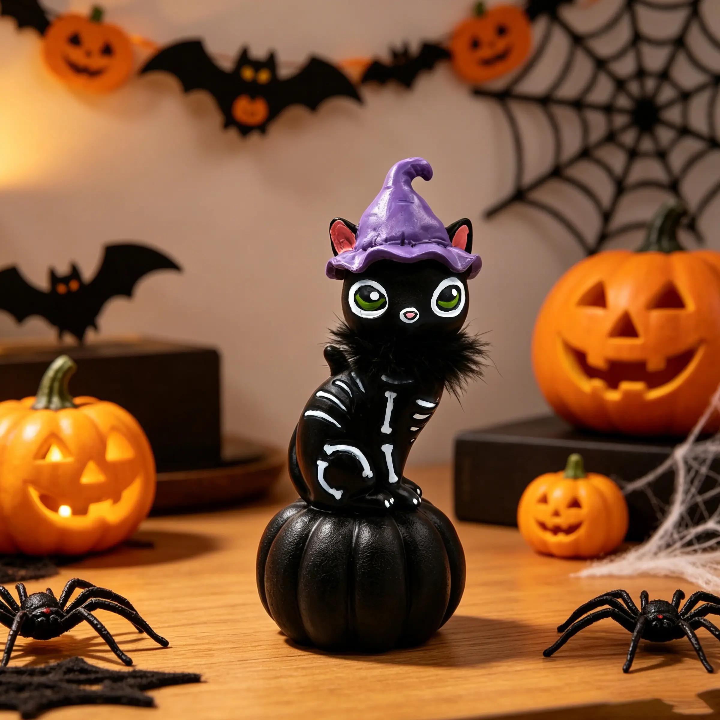 1PC Halloween Skeleton Black Cat Resin Figurine, Witch Hat Black Cat on Pumpkin Statue, Halloween Tabletop Home Party Decoration