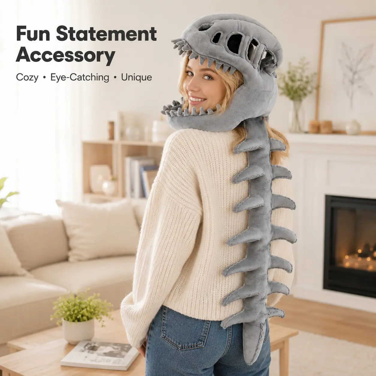 Grey Plush Dino Skeleton Hooded Scarf, Dinosaur Skull Hat with 3D Spine Tail, Funny Cosplay Party Photo Prop for Halloween, Dinosaur Themed Design, Party Props, 80cm/120cm