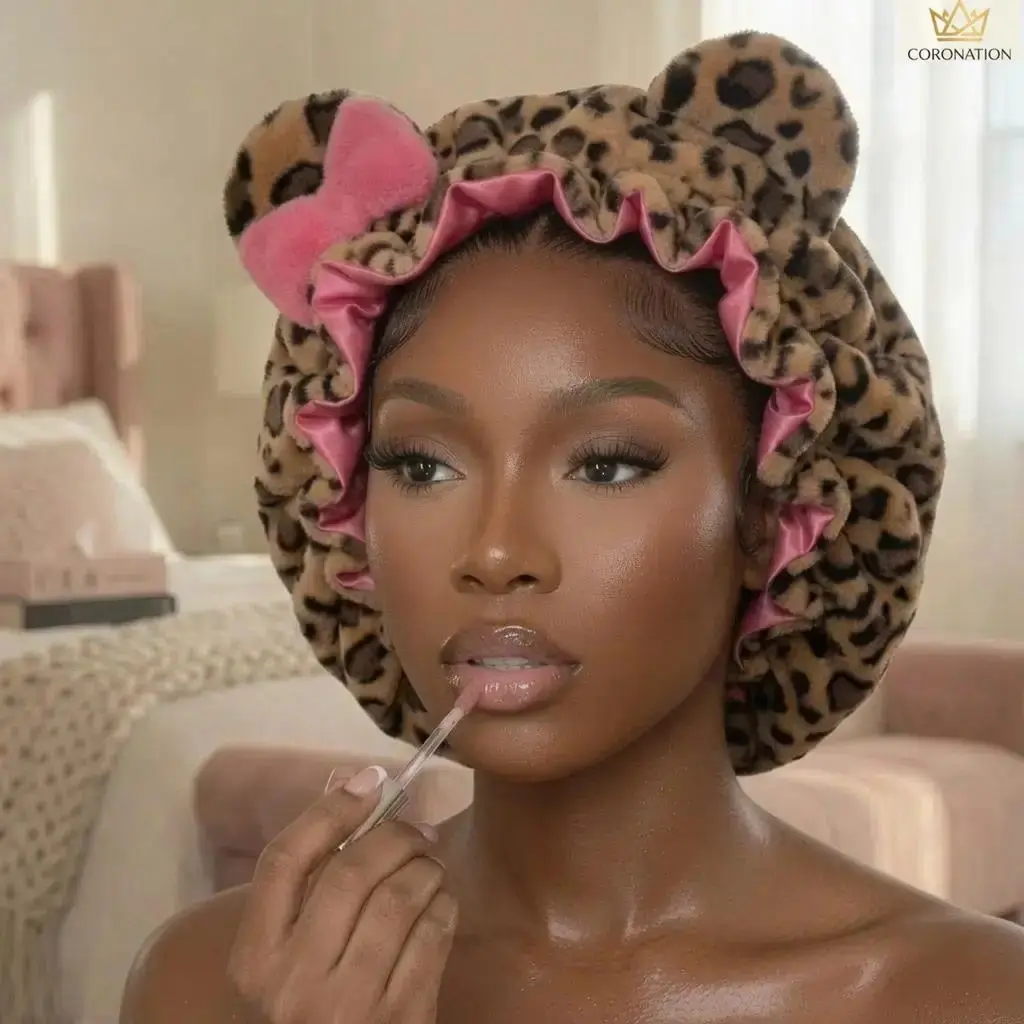 Aesthetic Teddy Hair Bonnet for Women, Leopard Print Plush Sleep Cap with Soft Fleece Hair Wrap, Cozy Protective Hair Cover for Curly & Long Hair, Comfortable Night Routine Accessory to Reduce Frizz, Preserve Hairstyles & Perfect Gift for Her
