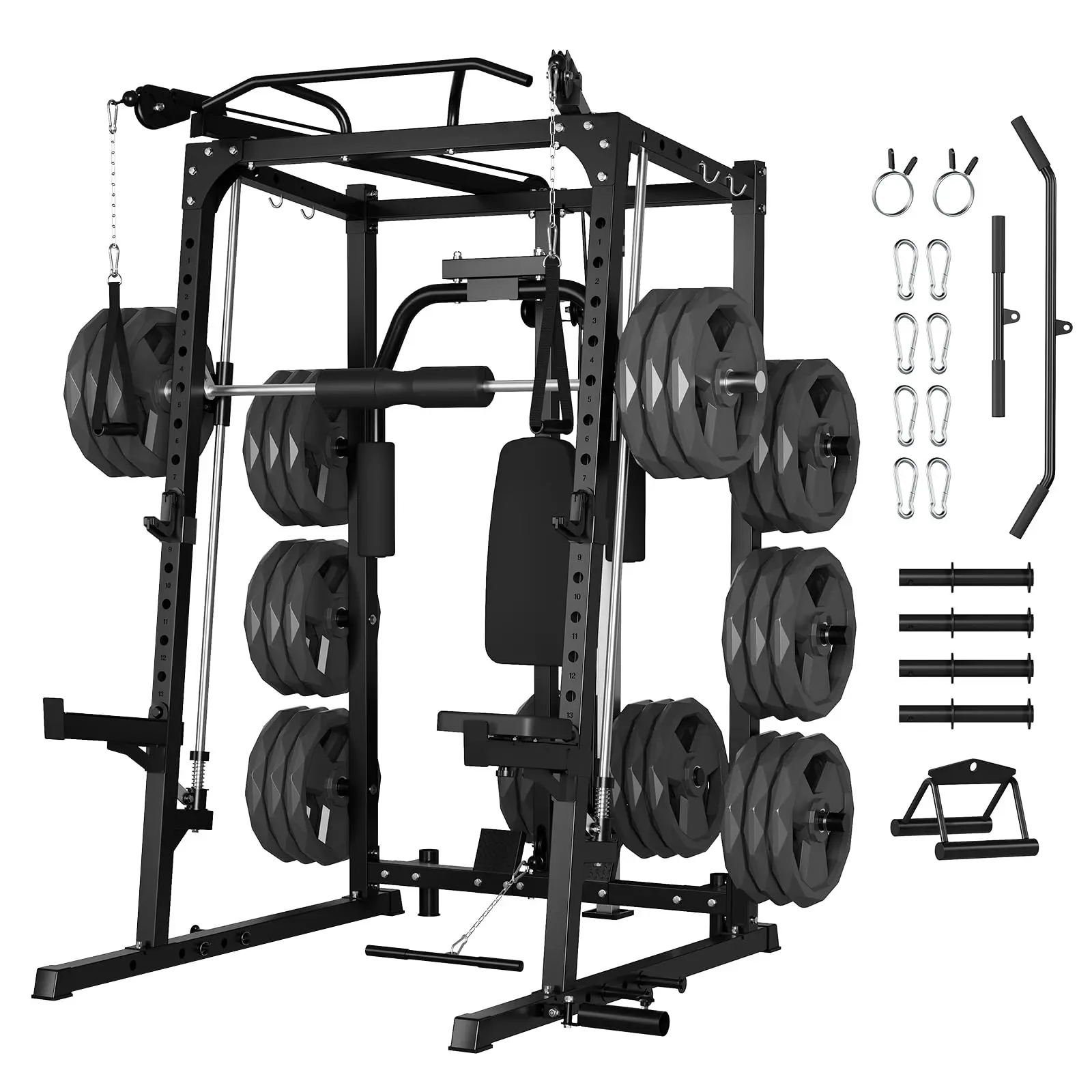 Smith Machine – 2000 Lbs Squat Rack & Power Cage for Home Gym, Multi-Function Cable Crossover Strength Training System with LAT Pulldown & 8 Weight Storage Pins