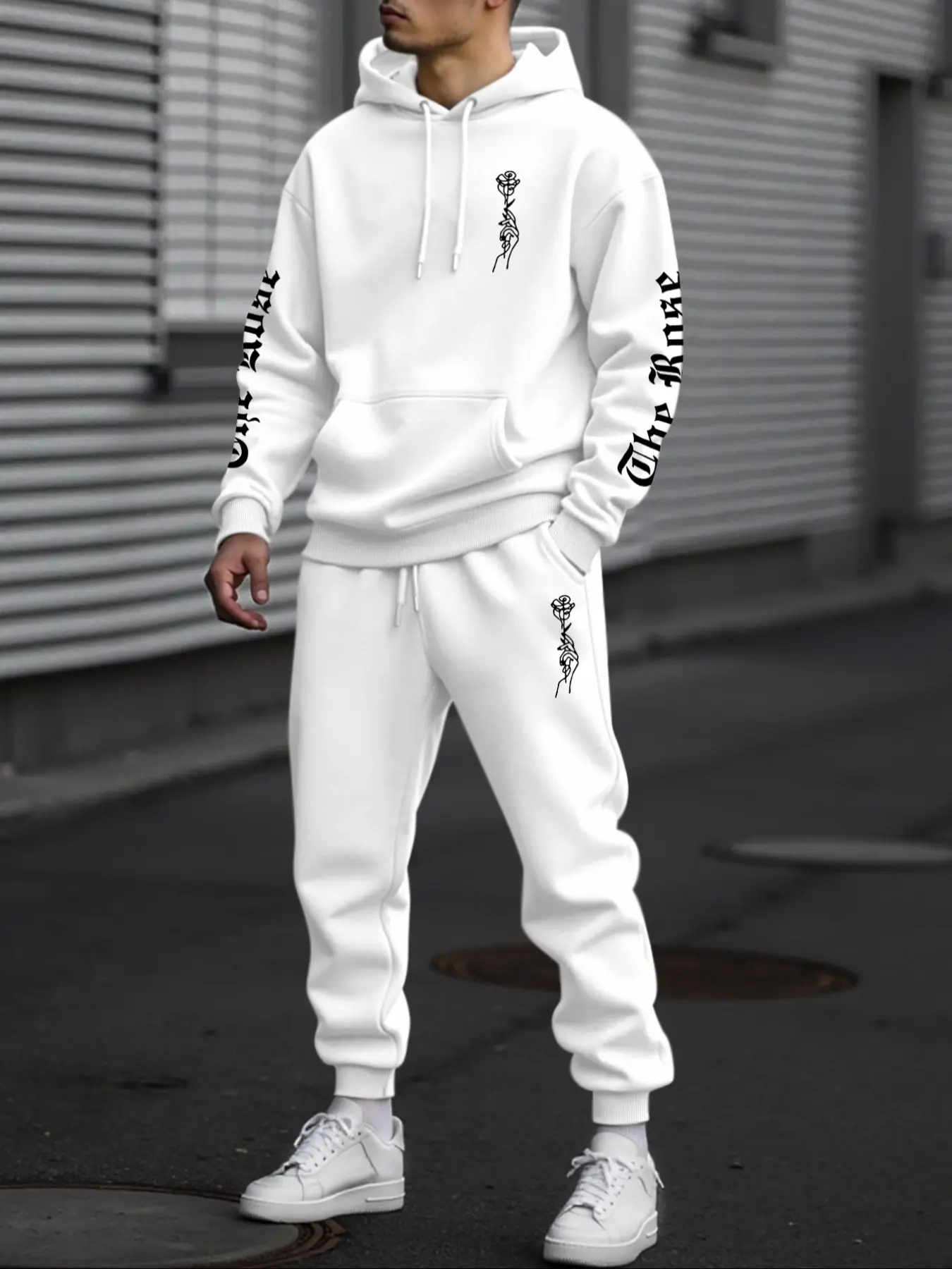 Men 2Pcs Rose Letter Print Fleece Hoodie Tracksuit,Loose Casual Streetwear,Fall/Winter Outfits