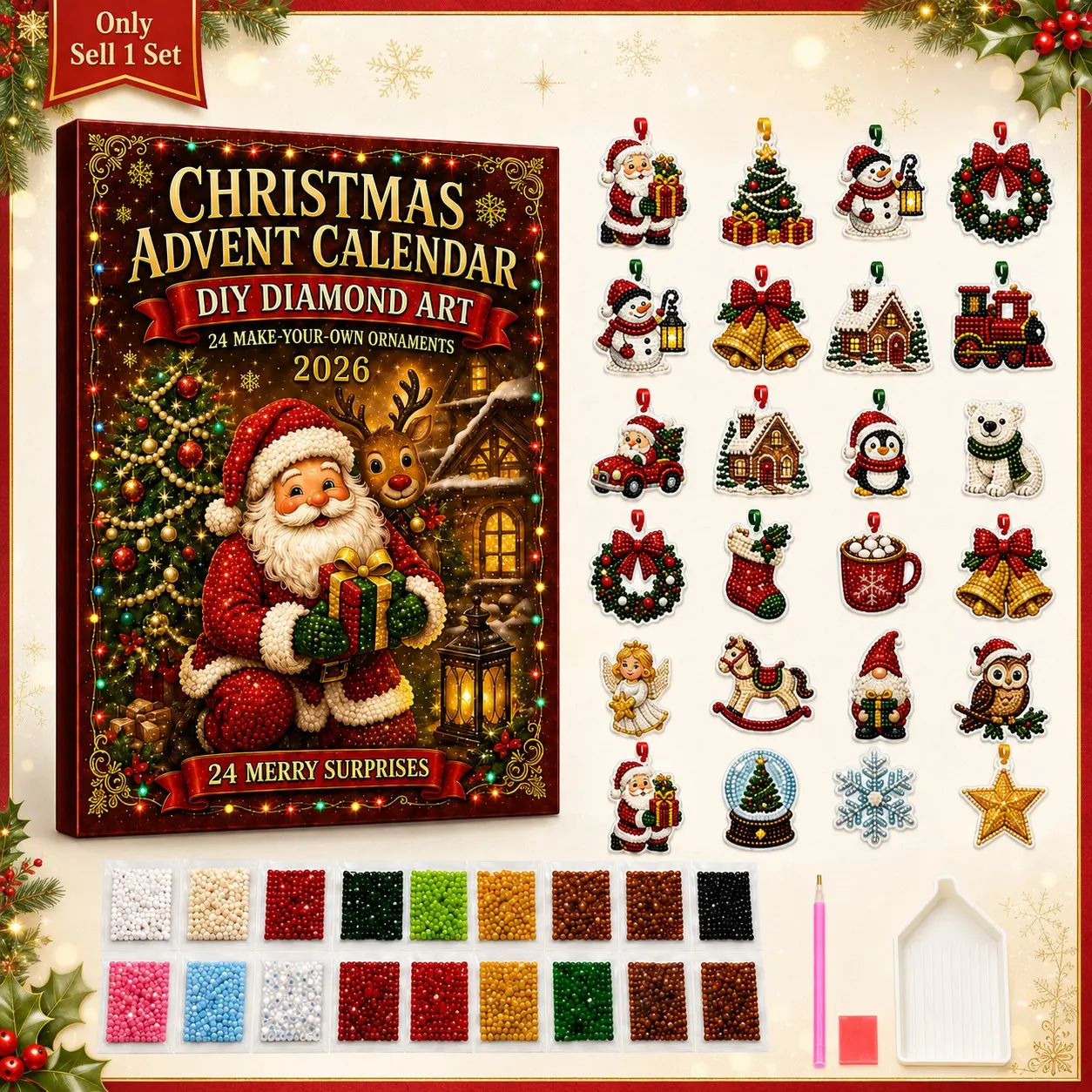 24Pcs Christmas Advent Calendar, 2026 DIY Diamond Art Christmas Ornaments Kit, Festive 24-Day Countdown Hanging Crafts for Christmas Tree and Home Decor, Handmade Gift For Family