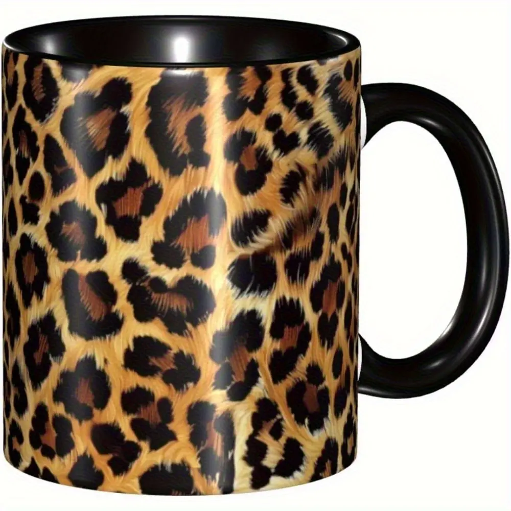 11oz Leopard Animal Print Cylindrical Ceramic Mug, Unisex Printed Message Mug, Microwave Safe Kitchen Drinkware, Holiday Gift Decoration