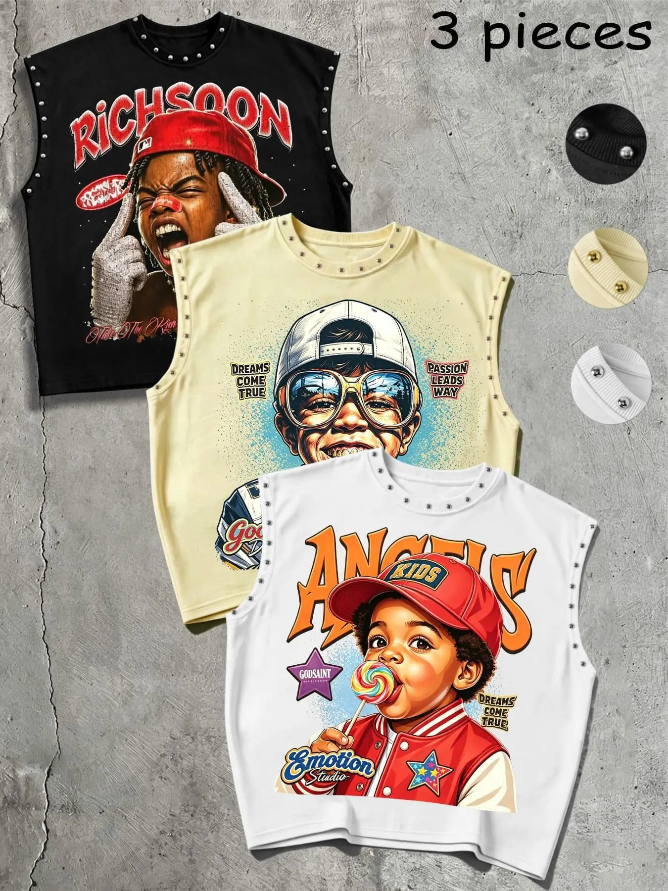 3 Piece Set Retro Cartoon Child Graphic Print Rivet Sleeveless Vest, Graphic Tank Top, Unisex Summer Baggy Oversized Loose Fit Streetwear, High-End Washed Sports Jacket