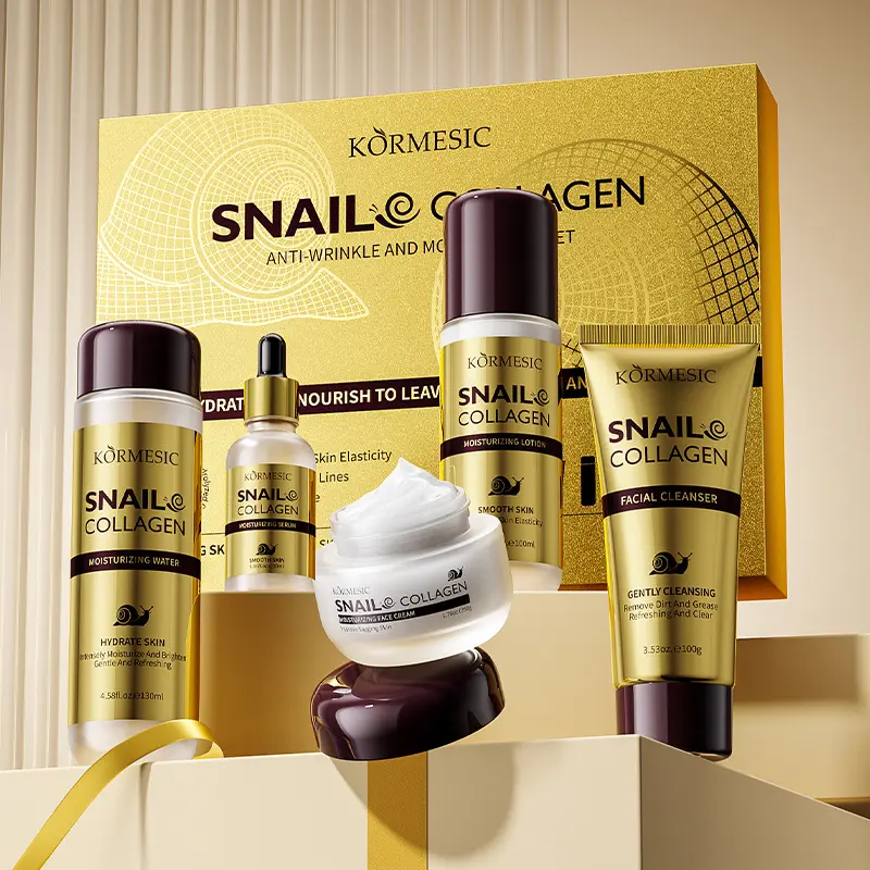 KORMESIC Snail Collagen 5pcs Skin Care Gift Set, Facial Cleanser Toner Lotion Serum Cream Kit, Hydrolyzed Collagen Firming Hydrating Brightening Repair Dull Dry Sagging Skin Luxury Golden Anti-Aging Facial Care Kit For Gift Daily Use