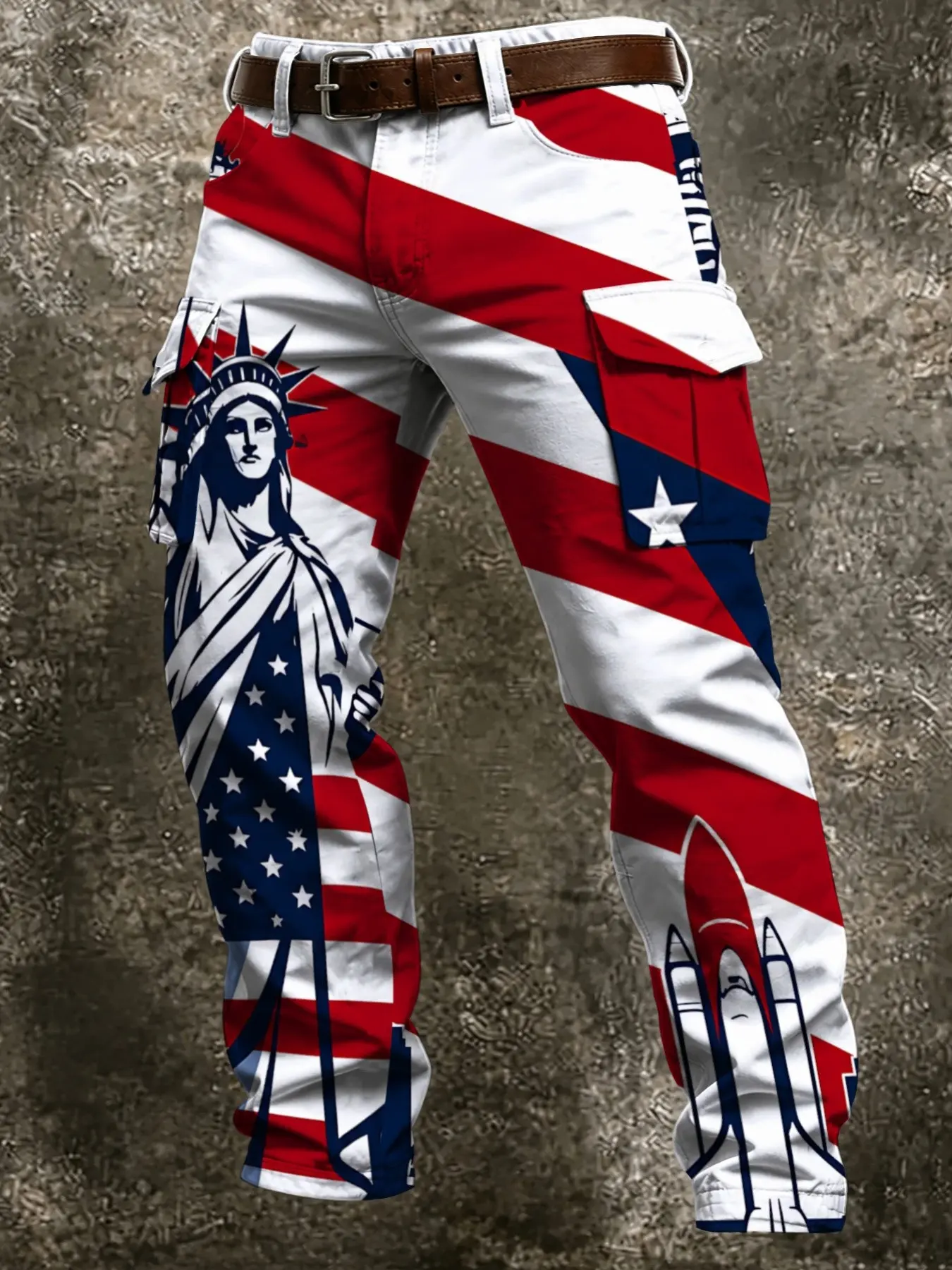 Men's Liberty Rocket Flag All-Over Print Cargo Pants, Multi-Pocket Straight Leg Casual Pants, American Patriotic Theme, Outdoor Functional Workwear