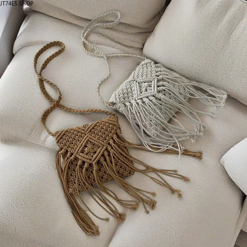 Ethnic Hand-Woven Straw Mini Square Bag, Tassel Cotton Thread Shoulder Crossbody Bag