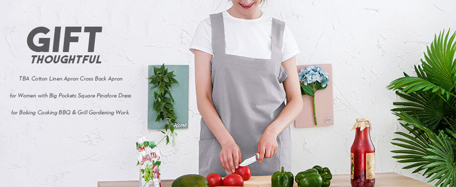 Cotton Linen Apron Cross Back Apron for Women with Big Pockets Square Pinafore Dress for Baking Cooking BBQ & Grill