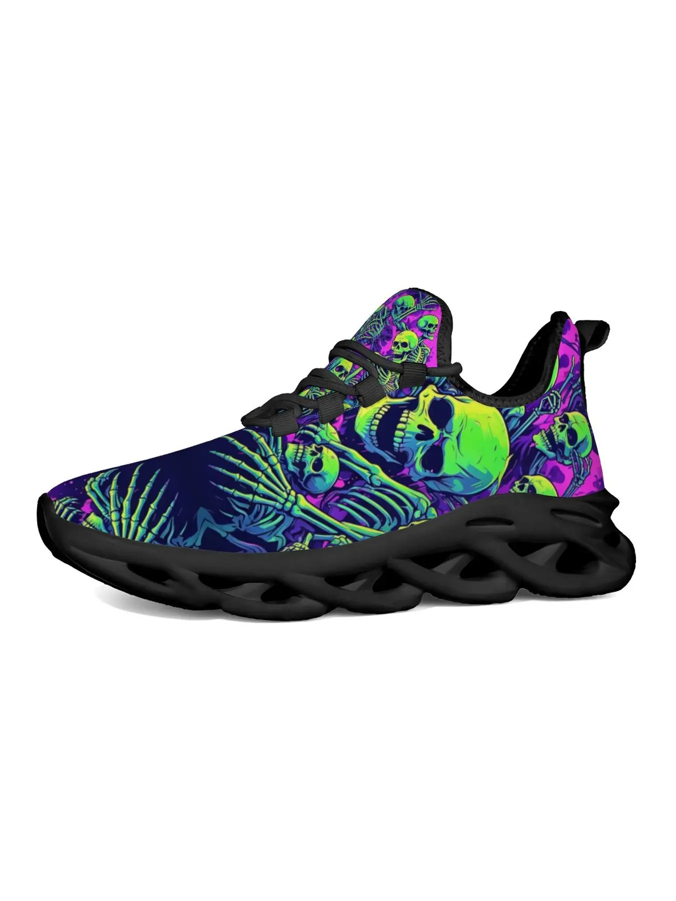 Fluorescent Cyber Punk Ske Skull Art Printed Sneakers Soft Elastic Mesh Upper Shock Absorbing Hollow Sole Shoes Neon Gradient Dark Aesthetic Design Casual Footwear for Men Women Daily Halloween Street Trend Matching