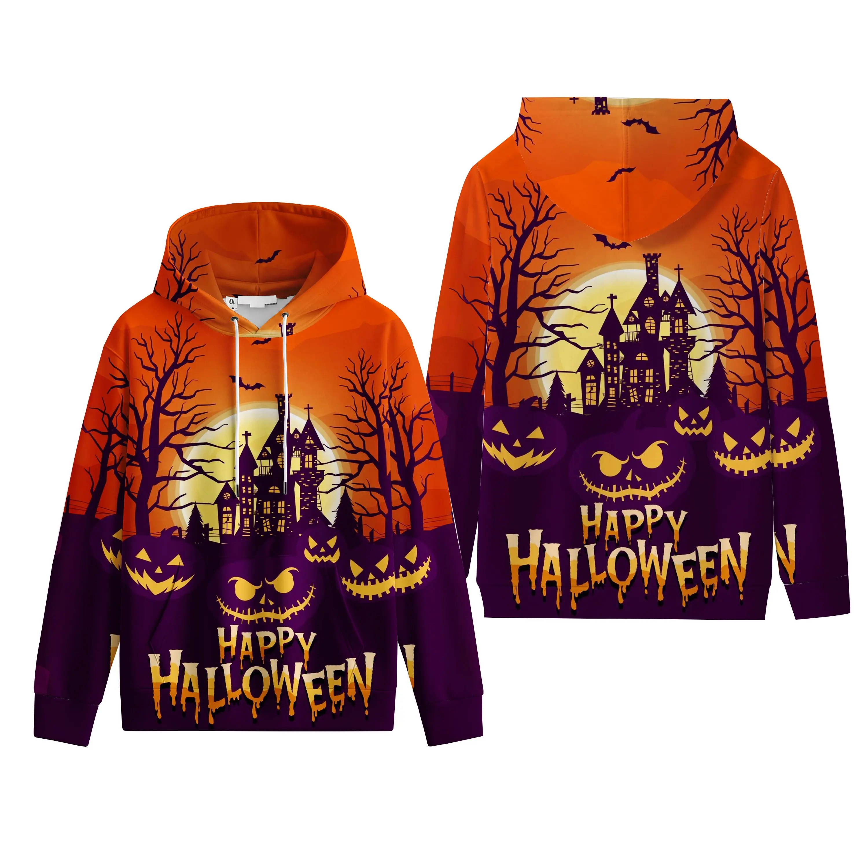 Unisex Halloween Hoodie Pullover for Men Women, Orange Purple Haunted House Pumpkin Graphic Sweatshirt with Drawstring Hood, Kangaroo Pocket, Long Sleeve Casual Fall Streetwear for Halloween Party, Trick or Treat, Costume Outfit, October Photo Gift