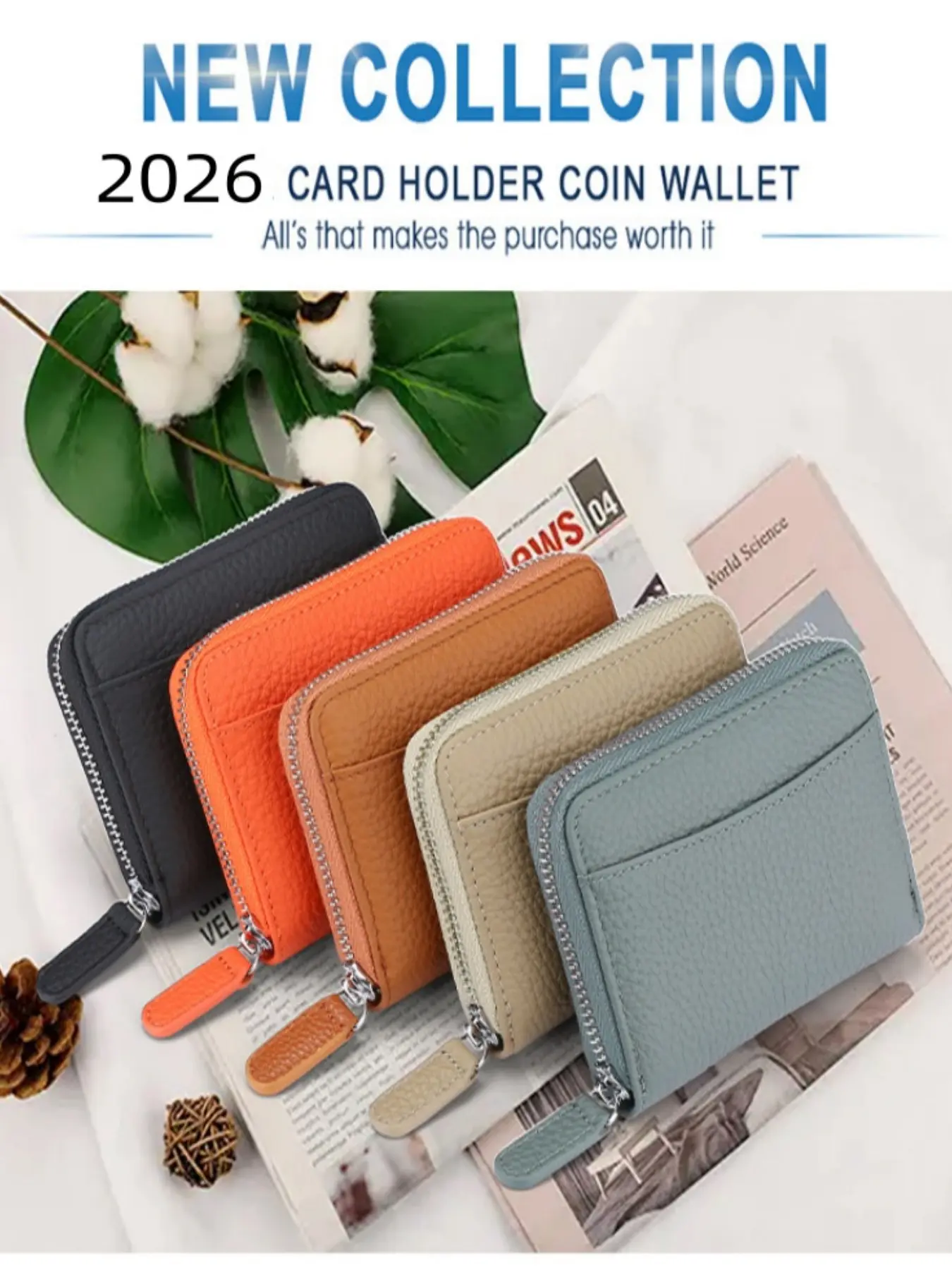 Unisex Rfid-Protected Coin Purse, Short Zipper Wallet, Genuine Leather, Magnetic Closure, Large Capacity, Boho Style, All Seasons, Rfid Blocking Wallet, Coin Pouch