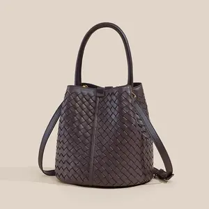Woven Bucket Bag + Pouch Set 2 in 1, Hand Shoulder Crossbody Multi-function Soft Leather Vintage Rose, Mother's Day 2026 Gift