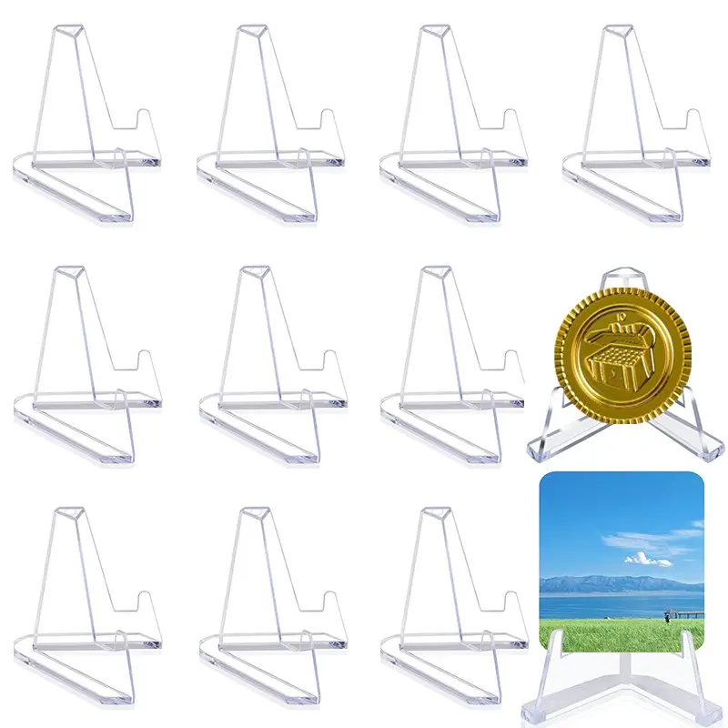10pcs Acrylic Easel Display Stands - Art Deco Mini Brackets for Collectibles, Trading Cards & Coins | Crystal Clear Transparent Shelf Organizers