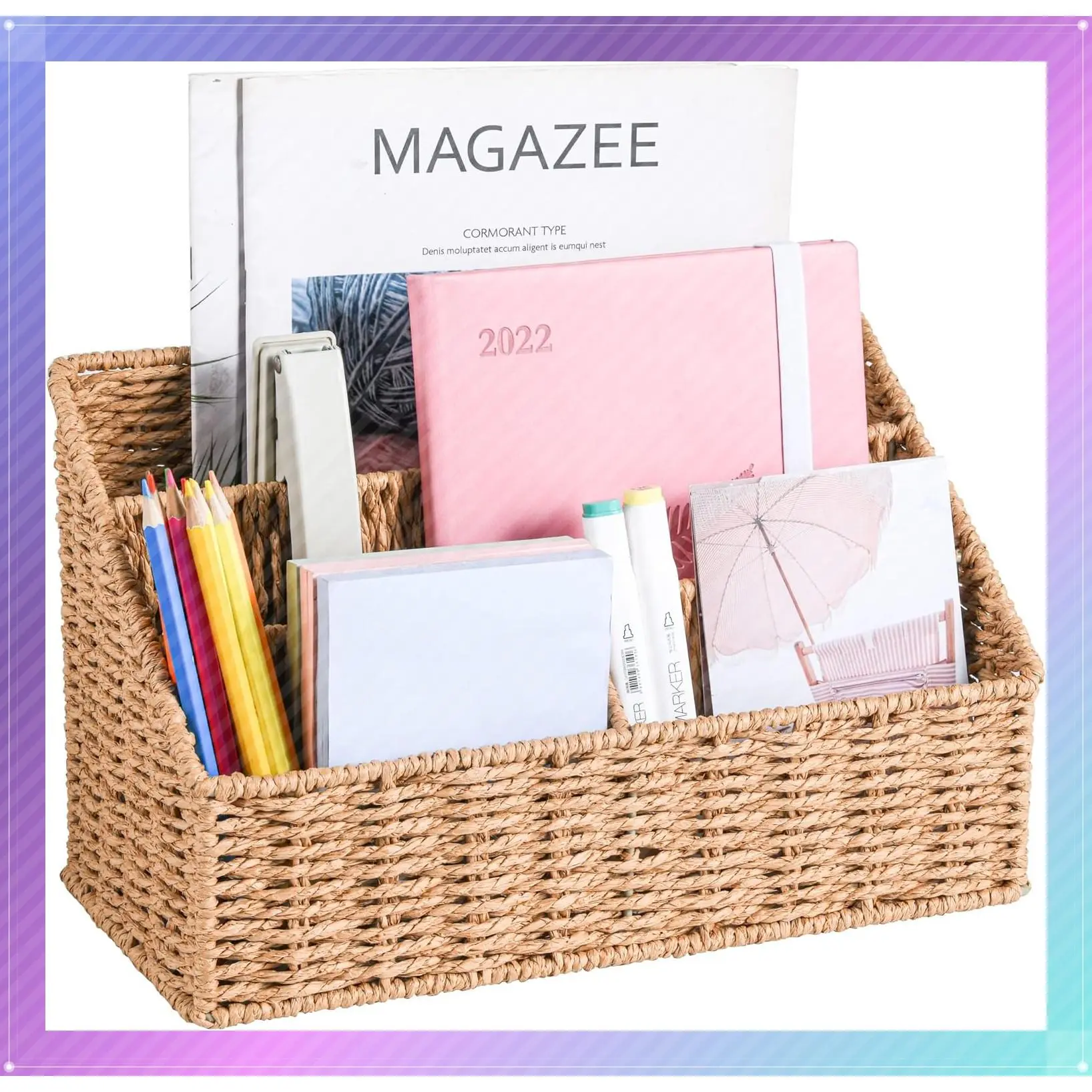 Woven Mail Organizer Basket for Countertop, 12 Inch Farmhouse Desk Organizer for Bills, Pens, Mail and StorageGift